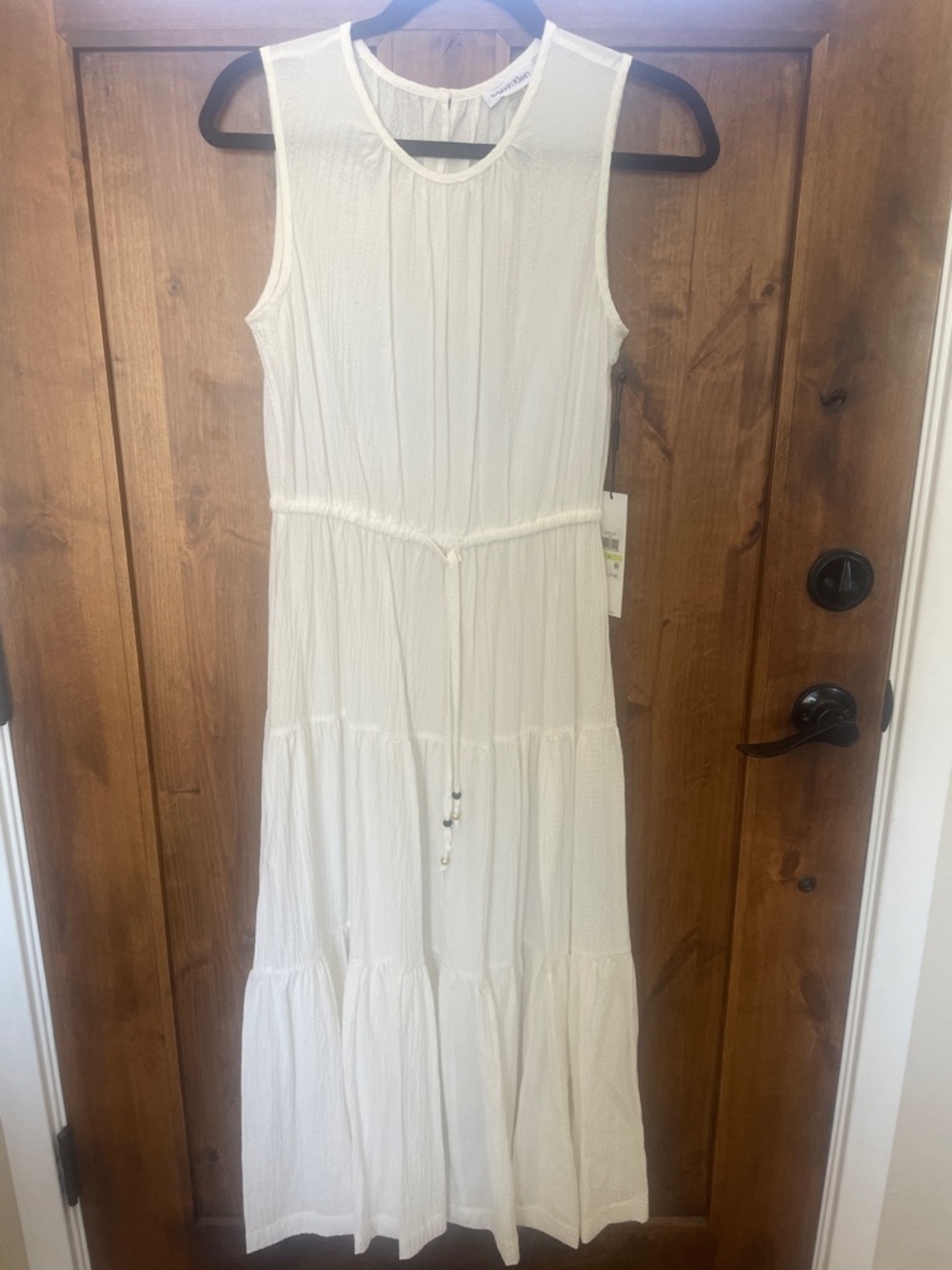 Calvin Klein White Sleeveless Tiered Maxi Dress with Drawstring